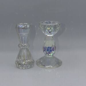 Vintage Pair SD Simon Designs Crystal Tiered Candlestick Holders Marked 4.5”